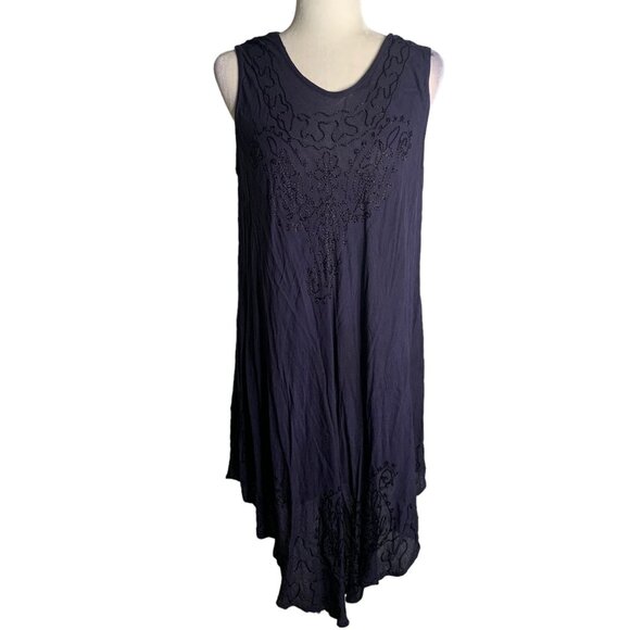 Embroidered Sleeveless Sun Dress S-L Navy Blue Cover Up Rayon Round Hem - Picture 1 of 5